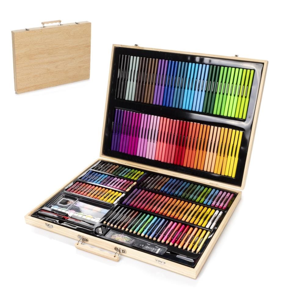 Coffret beaux-arts en bois complet 180 pièces, comprenant huiles, aquarelles, craies, marqueurs, pastels et crayons avec accessoires - Beige