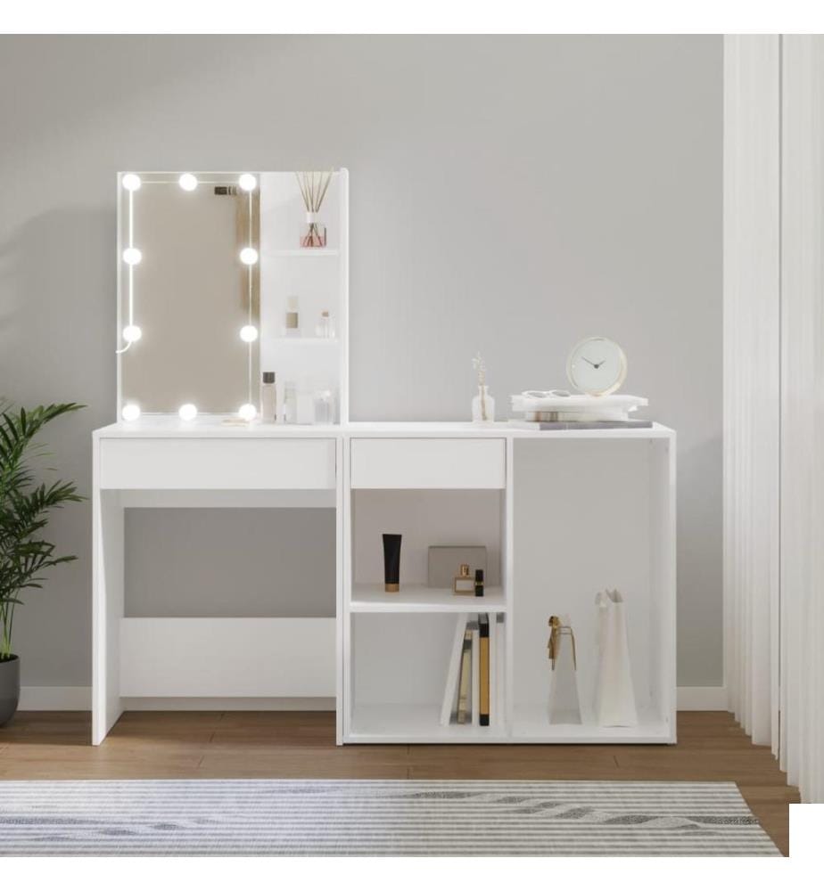 Coiffeuse à LED avec armoire Blanc Bois d'ingénierie