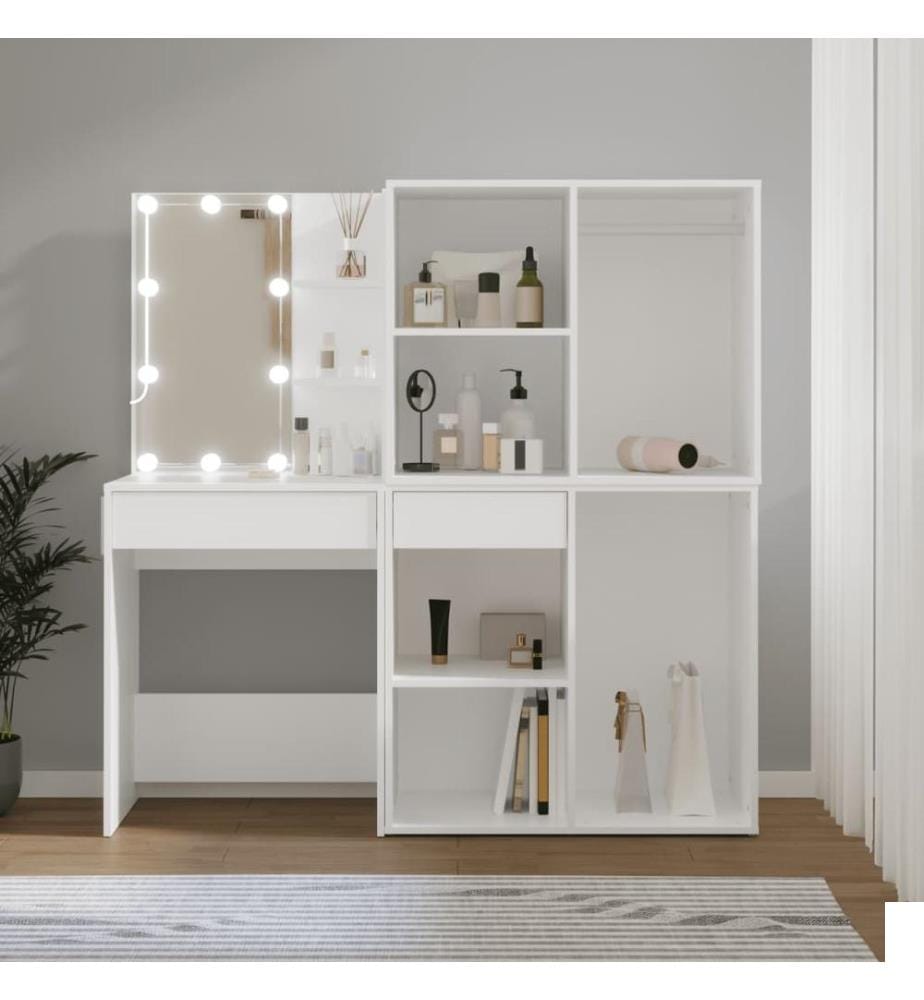 Coiffeuse à LED avec 2 armoires Blanc Bois d'ingénierie