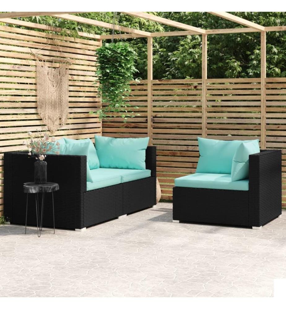 Salon de jardin 3 pcs avec coussins Noir Résine tressée