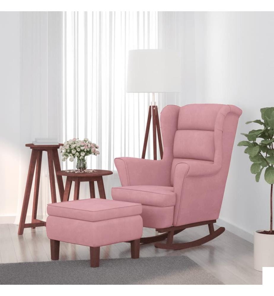 Chaise à bascule avec pieds en bois et tabouret Rose Velours