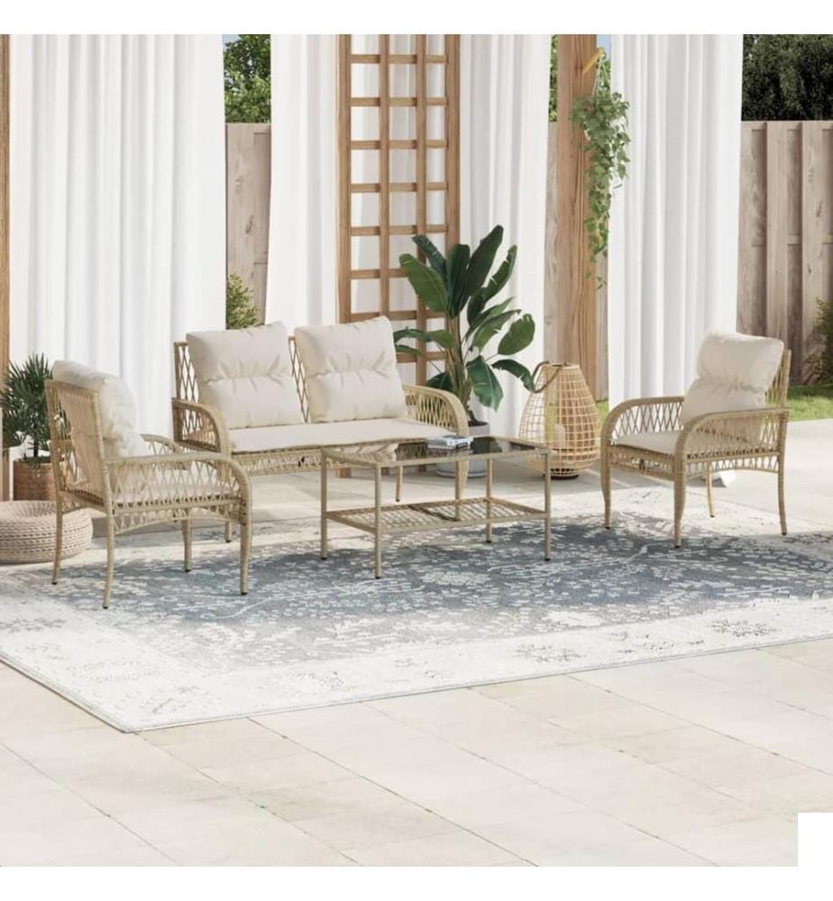 Salon de jardin avec coussins 4 pcs beige résine tressée