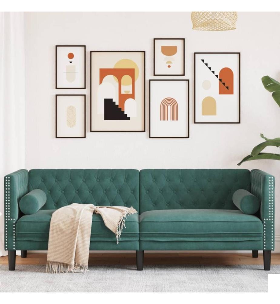 Canapé Chesterfield avec traversins 3 places vert foncé velours