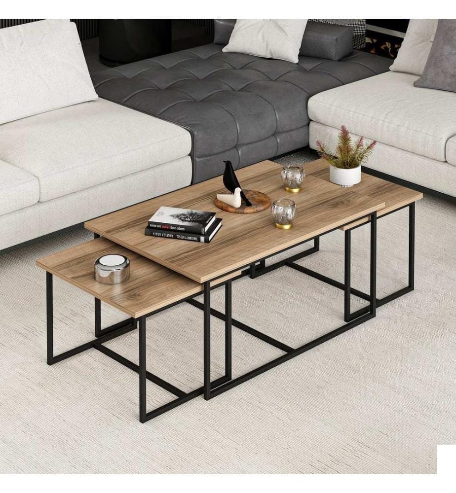 Table gigogne , 3 Pièces, Noyer, Panneau de particules mélaminé, Piétement métal