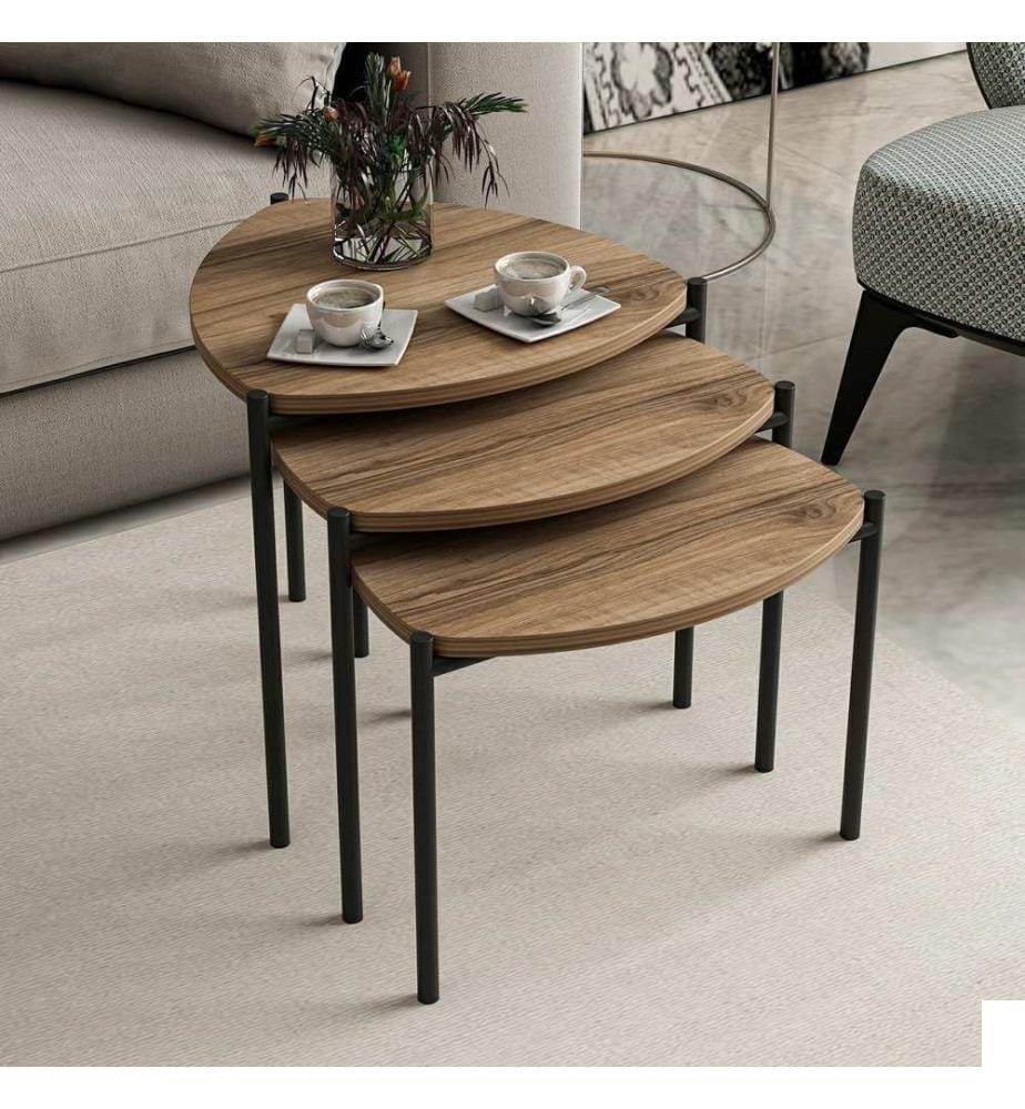 Table gigogne , 3 pièces, Noyer, Panneau de particules mélaminé, Structure métallique