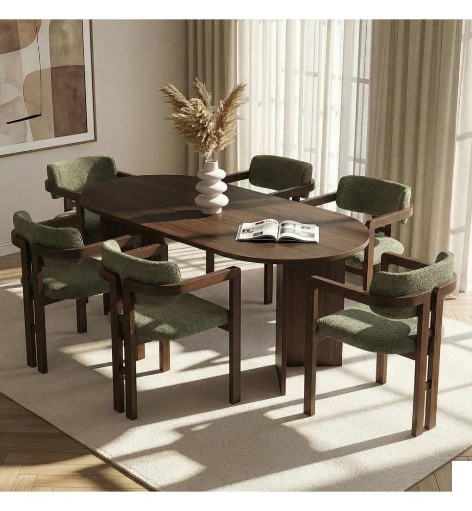 Ensemble table et chaises de salle à manger, 7 pièces, noyer Milano, noyer foncé, vert, panneau de particules 100 % recouvert de mélamine