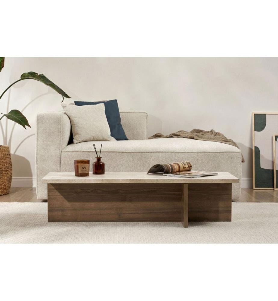 Table basse, travertin, noyer Milano, panneau de particules 100 % recouvert de mélamine