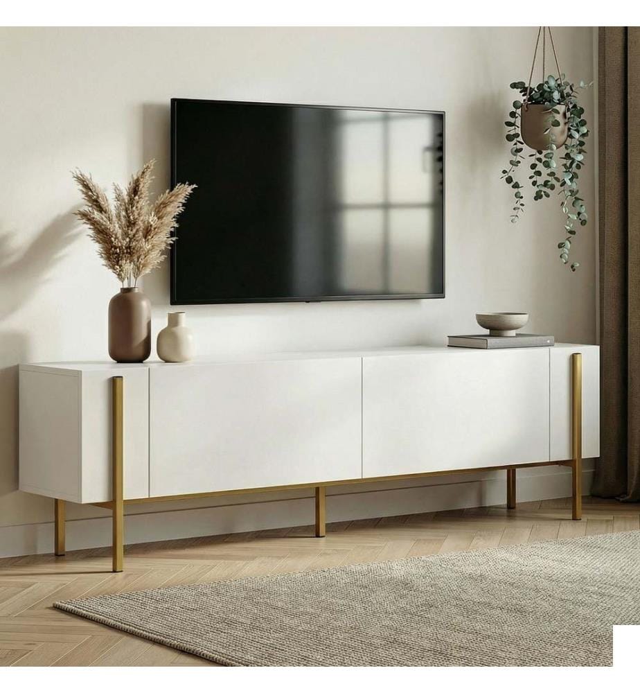 Meuble TV, blanc, doré, 100 % panneaux de particules recouverts de mélamine