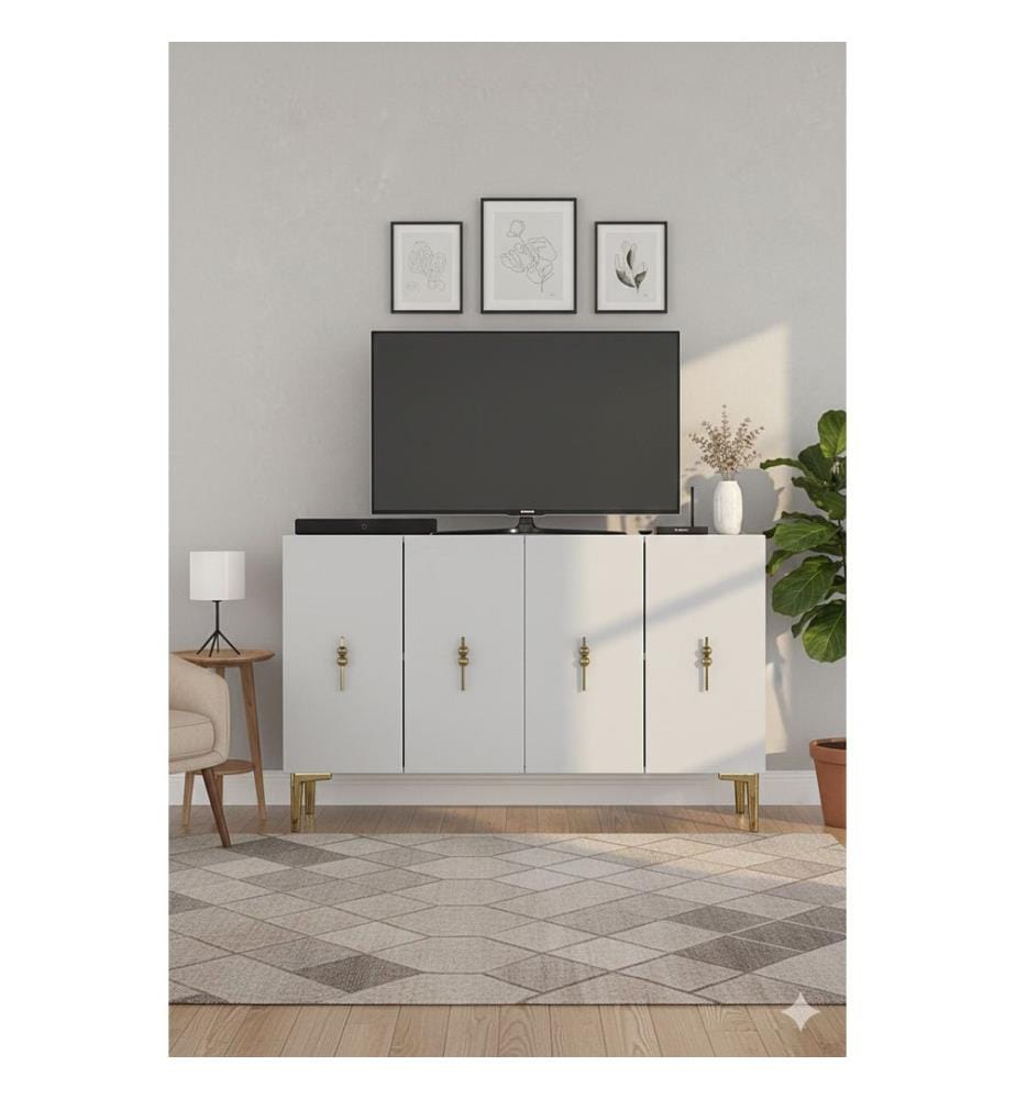 Console, panneau de particules 100 % mélaminé, blanc, or