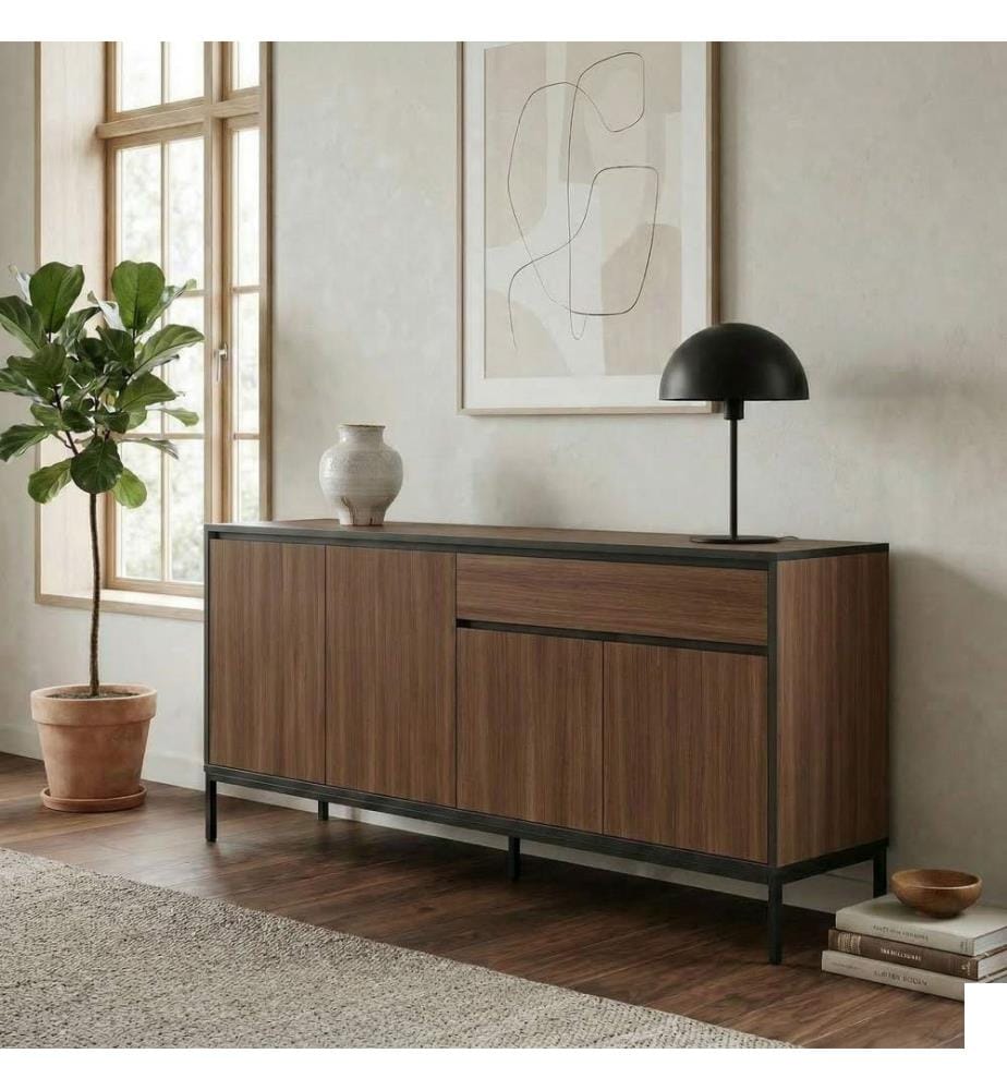 Console, panneau de particules 100 % mélaminé, noyer Milano, bois noir, noir