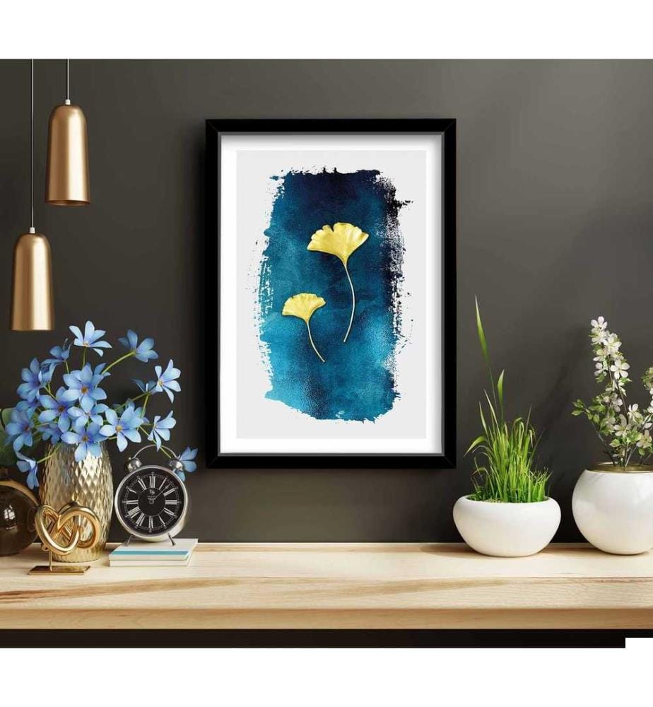 Peinture décorative encadrée en MDF, Bleu Blanc Jaune Bleu Marine, MDF, Encadré en bois
