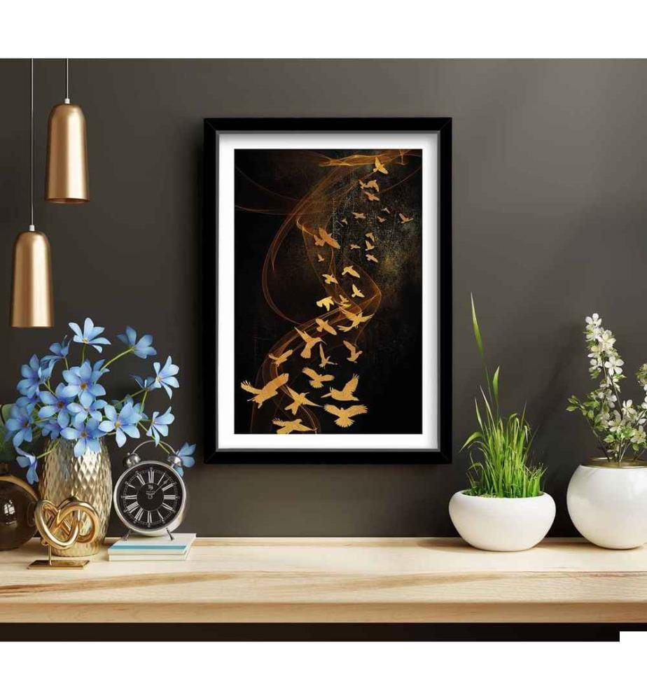 Peinture décorative encadrée en MDF, Noir Camel Or, MDF, Encadrement en bois