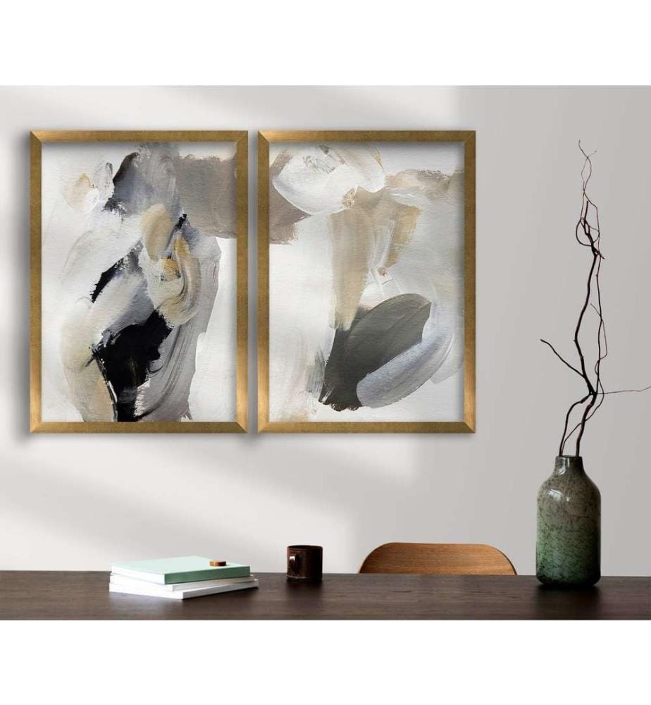 Tableau décoratif encadré MDF, 2 pièces, Noir Gris Beige, MDF, Encadrement en bois