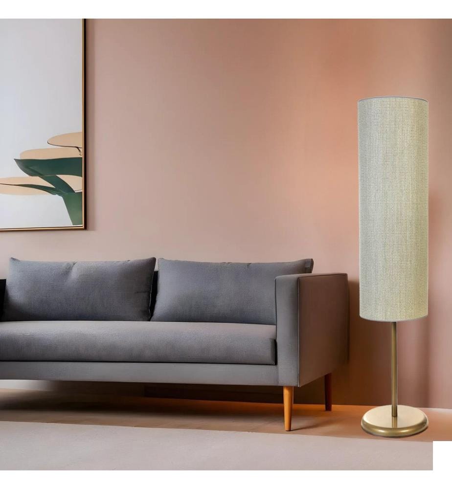 Lampadaire, chêne, doré, CORPS EN MÉTAL, abat-jour en bambou