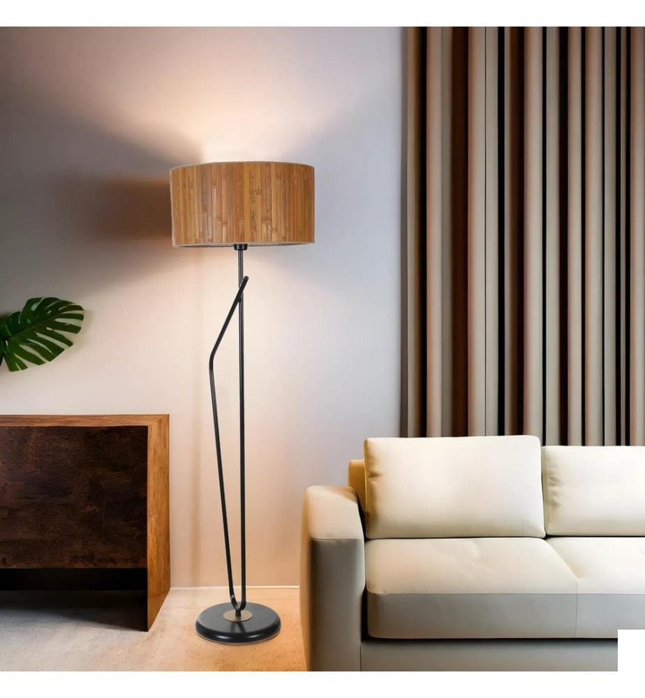 Lampadaire, en bois, noir, CORPS EN MÉTAL, abat-jour en tissu