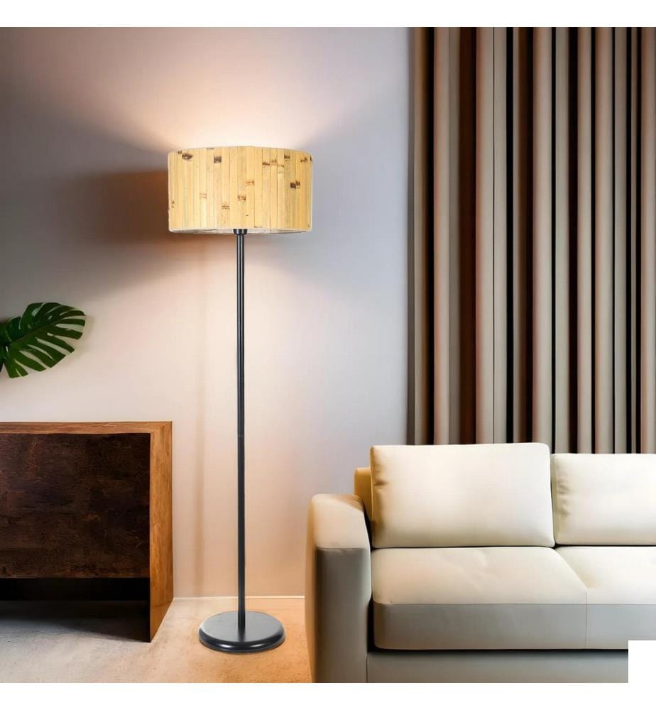 Lampadaire, chêne, noir, CORPS EN MÉTAL, abat-jour en bambou