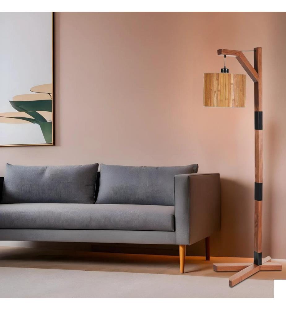 Lampadaire, bois, noyer, noir, CORPS EN MÉTAL, abat-jour en tissu