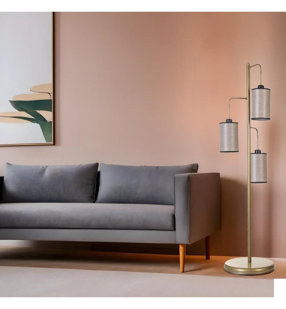 Lampadaire, doré, gris, CORPS EN MÉTAL, abat-jour en tissu