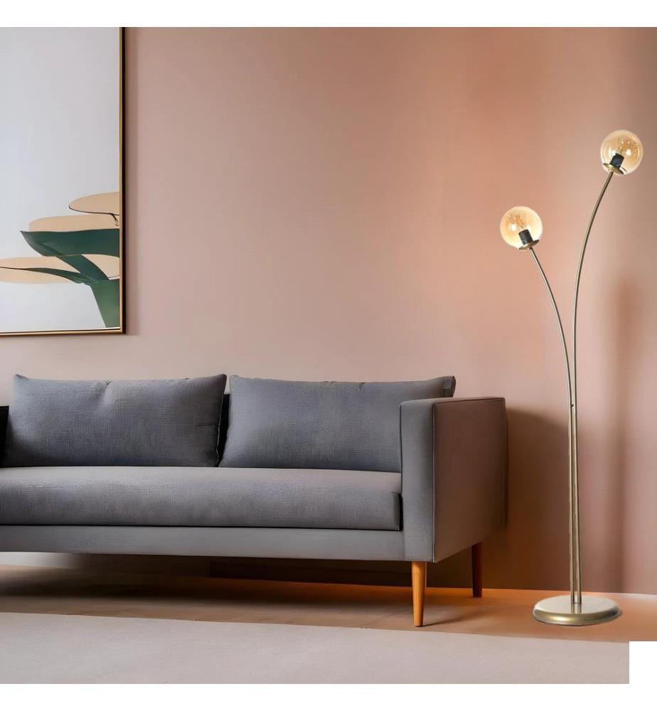 Lampadaire, ambre, doré, CORPS EN MÉTAL, abat-jour en verre