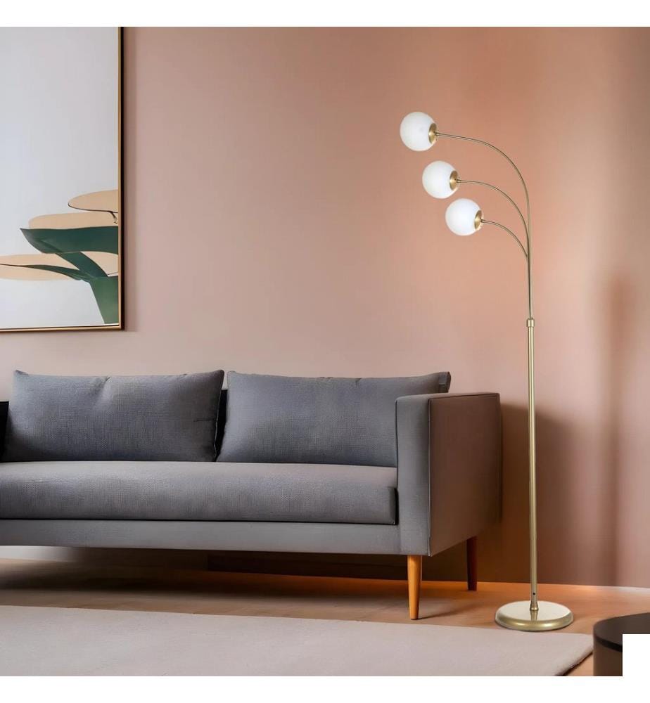 Lampadaire, doré, blanc, CORPS EN MÉTAL, abat-jour en verre