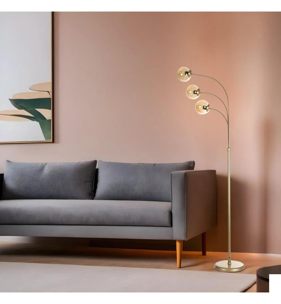 Lampadaire, ambre, doré, CORPS EN MÉTAL, abat-jour en verre