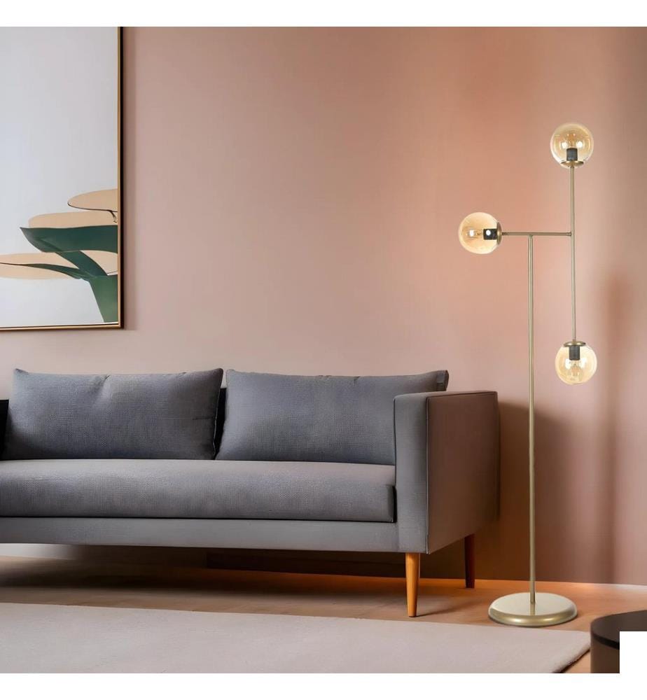 Lampadaire, ambre, doré, CORPS EN MÉTAL, abat-jour en verre