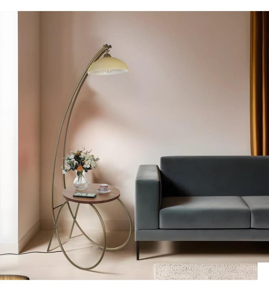 Lampadaire, doré, noyer, CORPS EN MÉTAL, abat-jour en verre