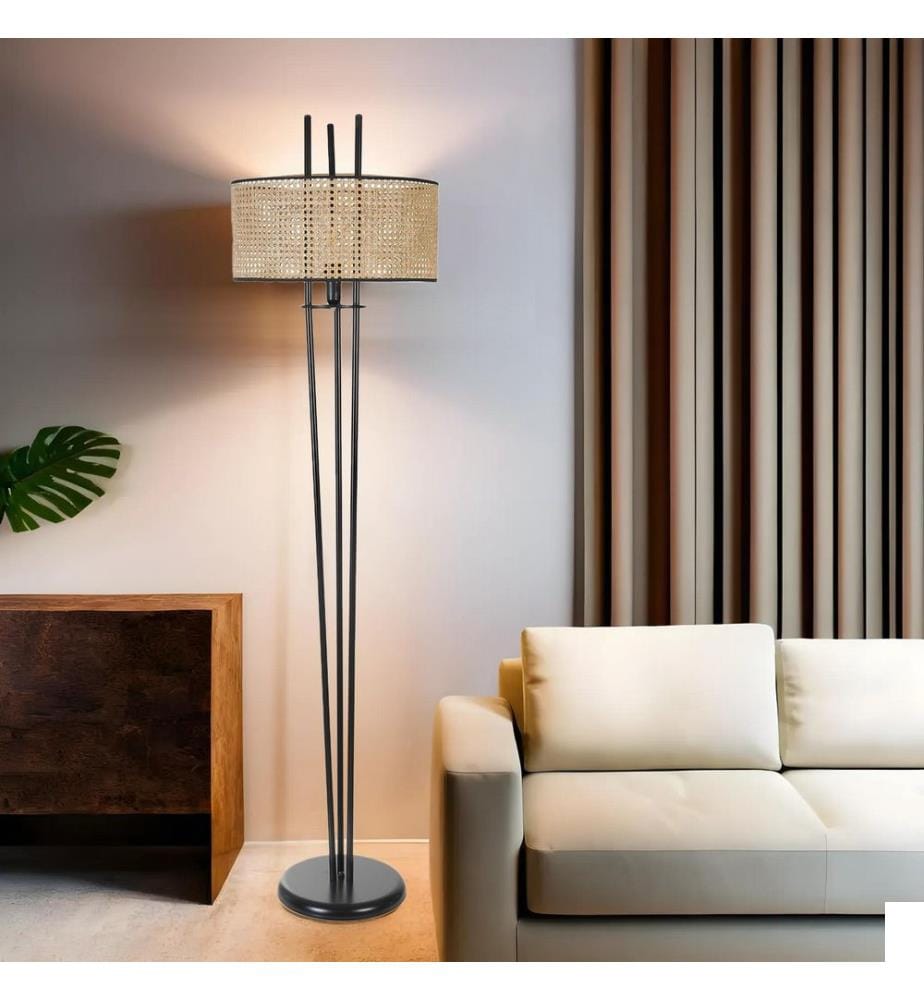 Lampadaire, noir, doré, CORPS EN MÉTAL, abat-jour en tissu