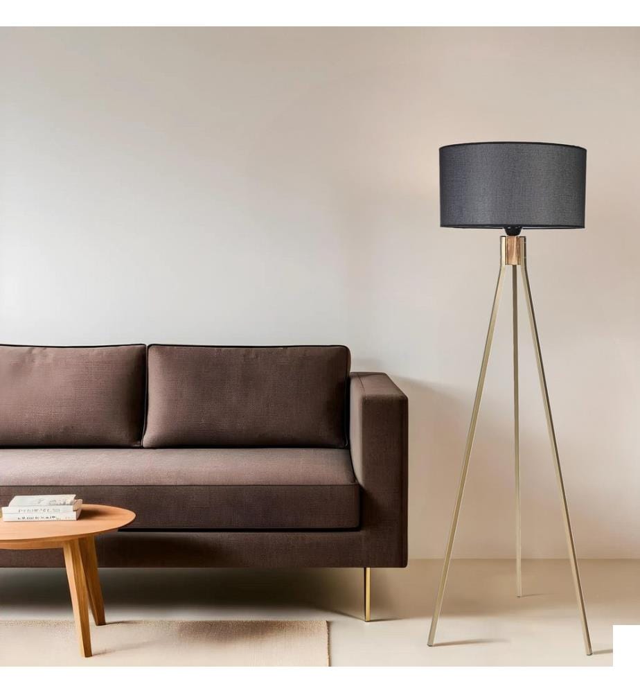 Lampadaire, noir, doré, CORPS EN MÉTAL / CORPS EN BOIS, abat-jour en tissu