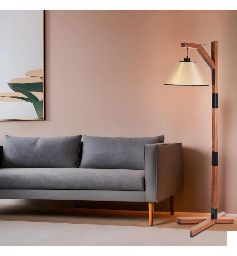 Lampadaire, noyer, beige, CORPS EN MÉTAL, abat-jour en tissu