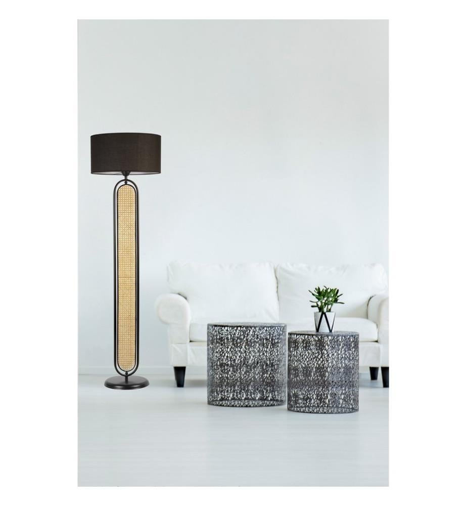 Lampadaire, rotin, noir, corps en métal, capuchon en rotin