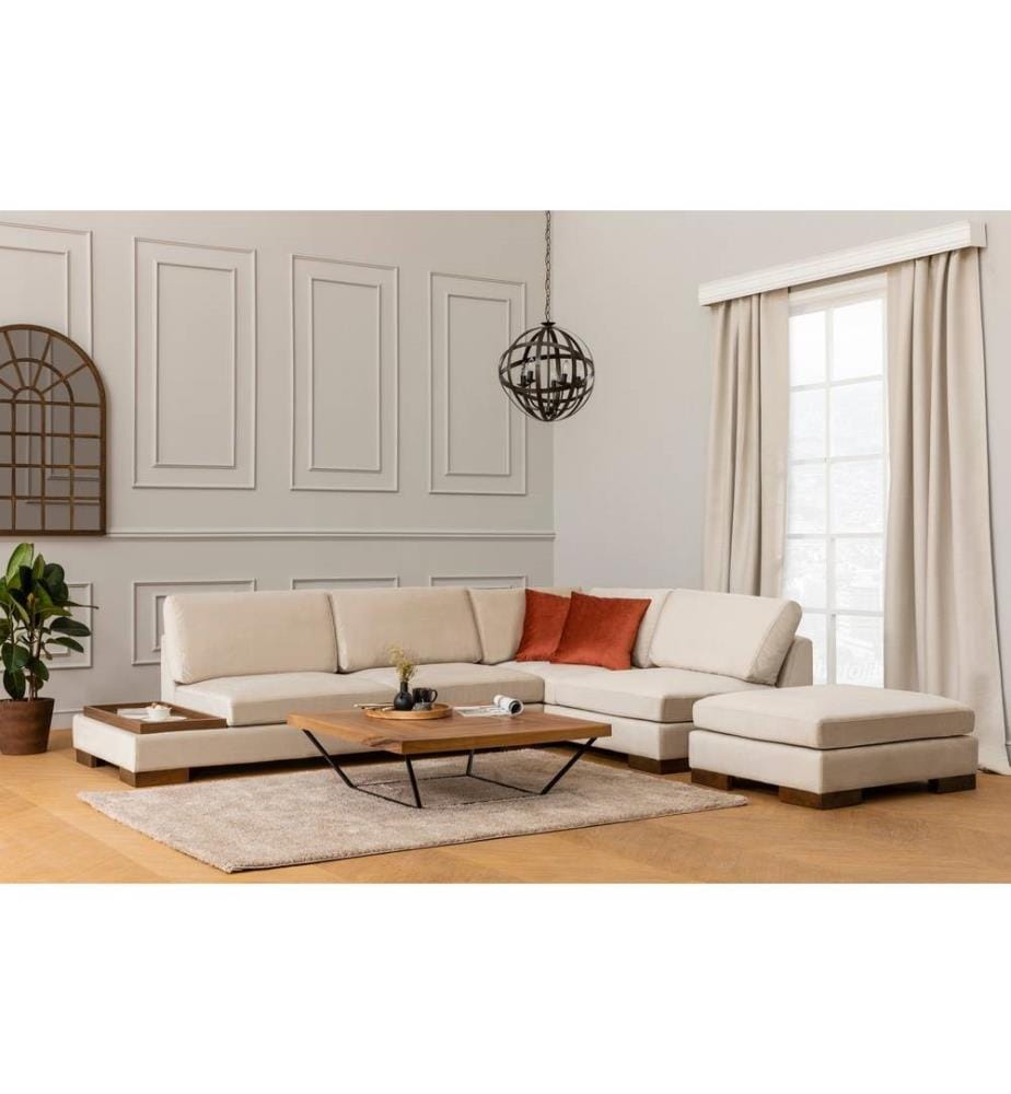 Canapé d'angle, beige, cadre en hêtre - aggloméré, tissu polyester