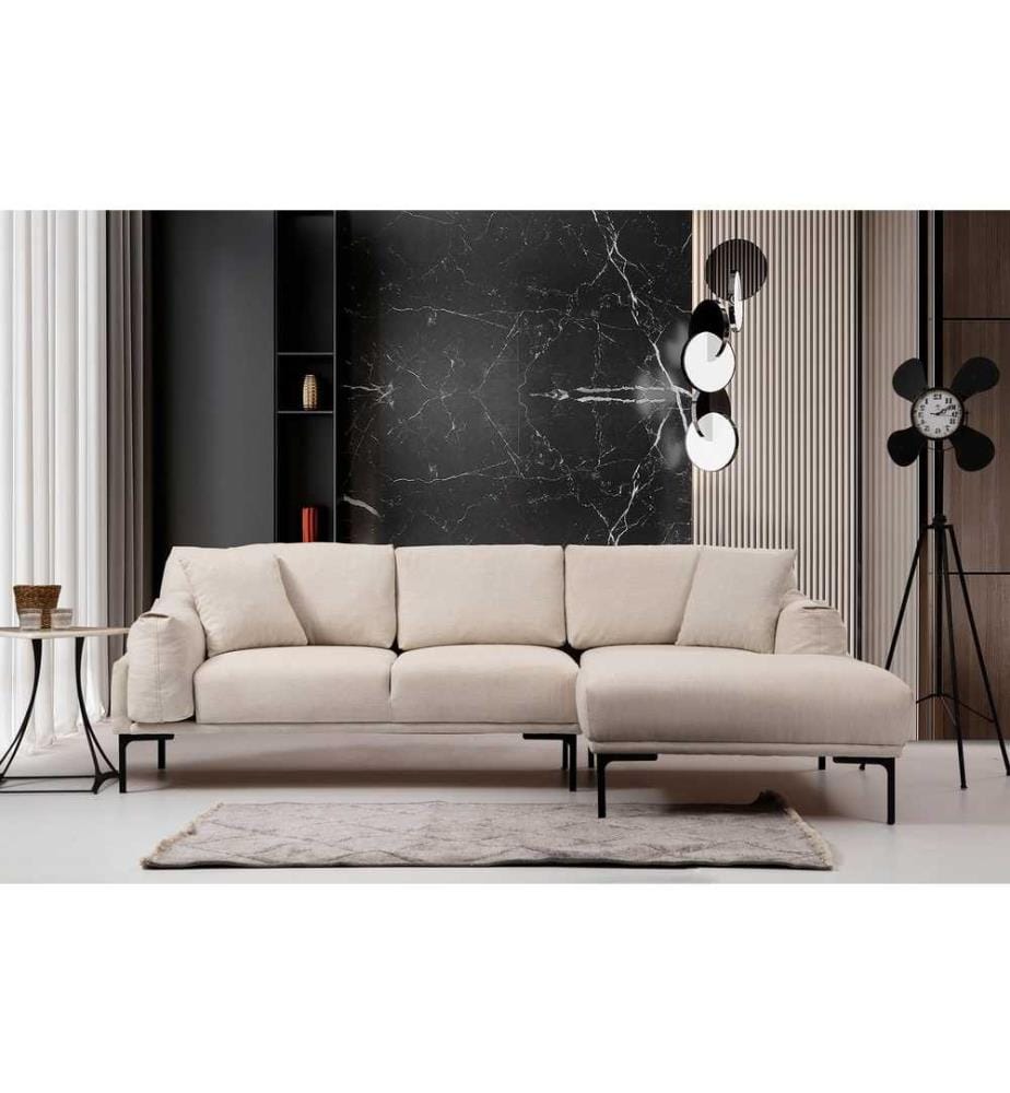 Canapé d'angle, crème, cadre en hêtre - aggloméré, tissu polyester