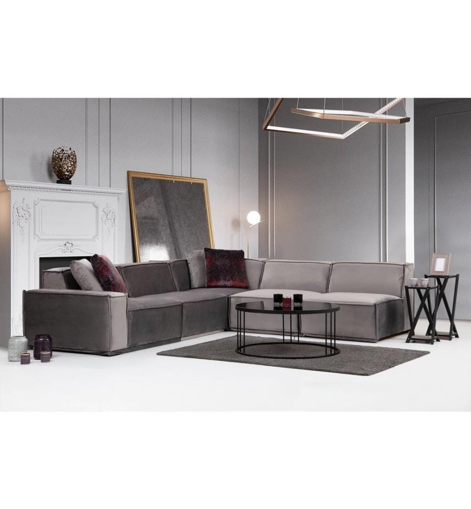 Canapé d'angle, gris, cadre en hêtre - aggloméré, tissu polyester