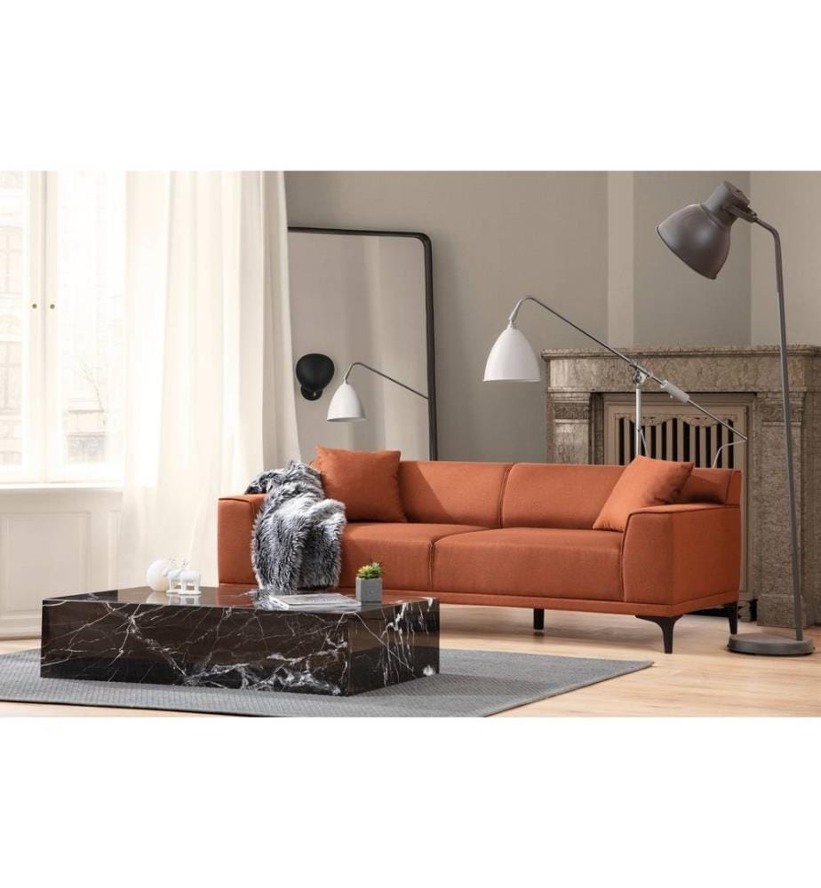 Canapé 3 places, orange, structure en hêtre et panneaux de particules, tissu polyester