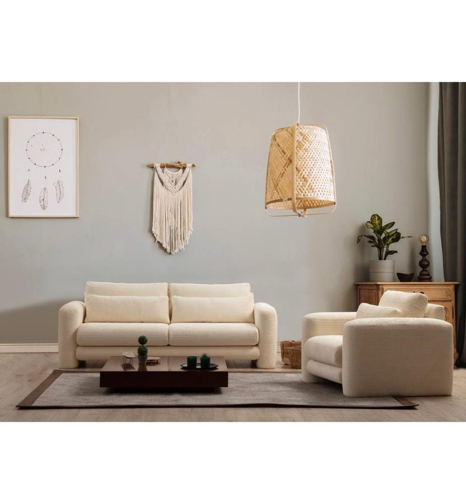Canapé 3 places, beige, châssis : Bois de hêtre - panneau de particules, Tissu : 100% polyester