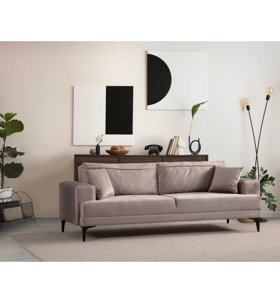 Canapé 3 places, beige, châssis : Bois de hêtre - panneau de particules, Tissu : 100% polyester