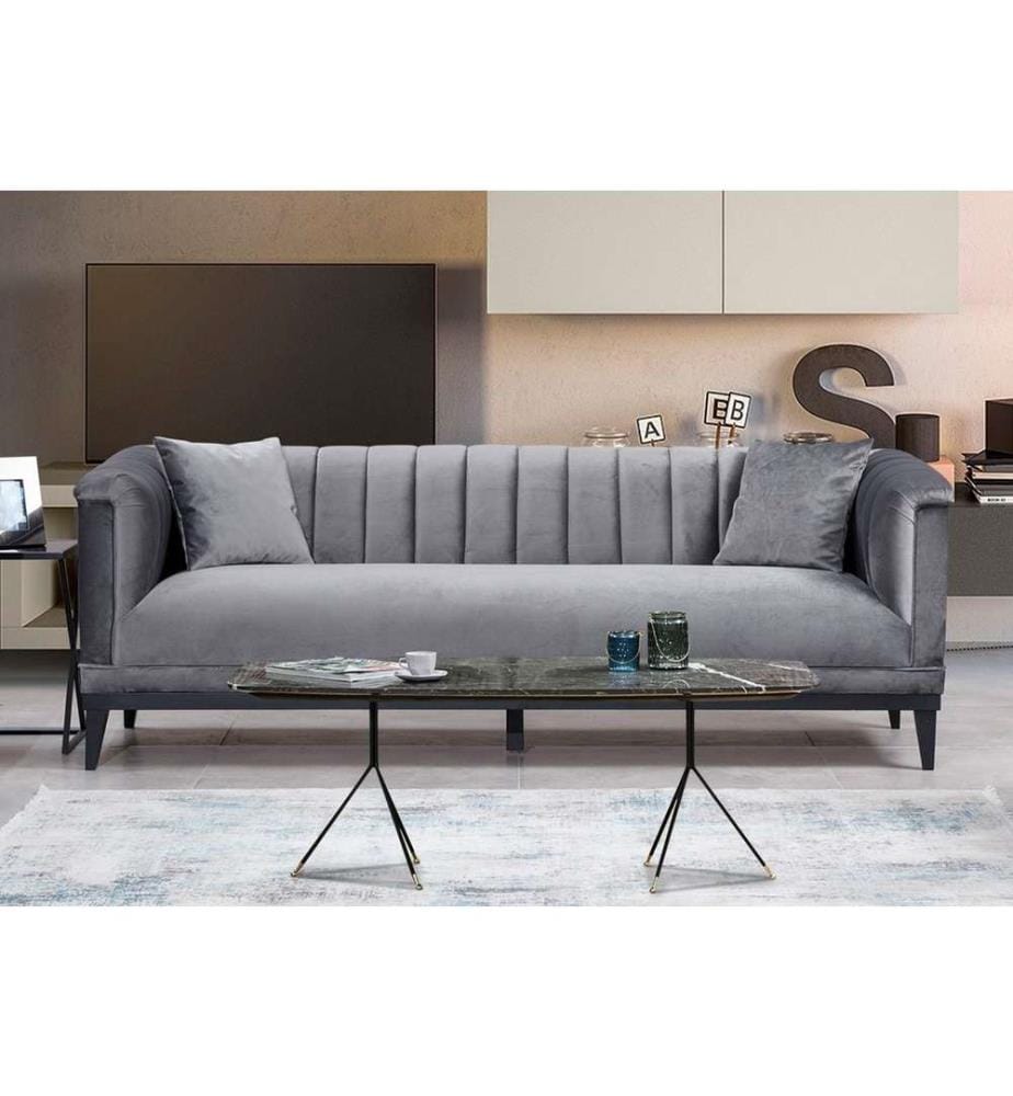 Canapé 3 places, gris foncé, structure en hêtre - panneau d'aggloméré, tissu polyester