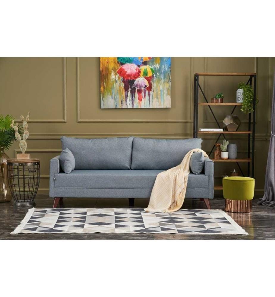 Canapé-lit 3 places, bleu, structure en sapin, tissu polyester