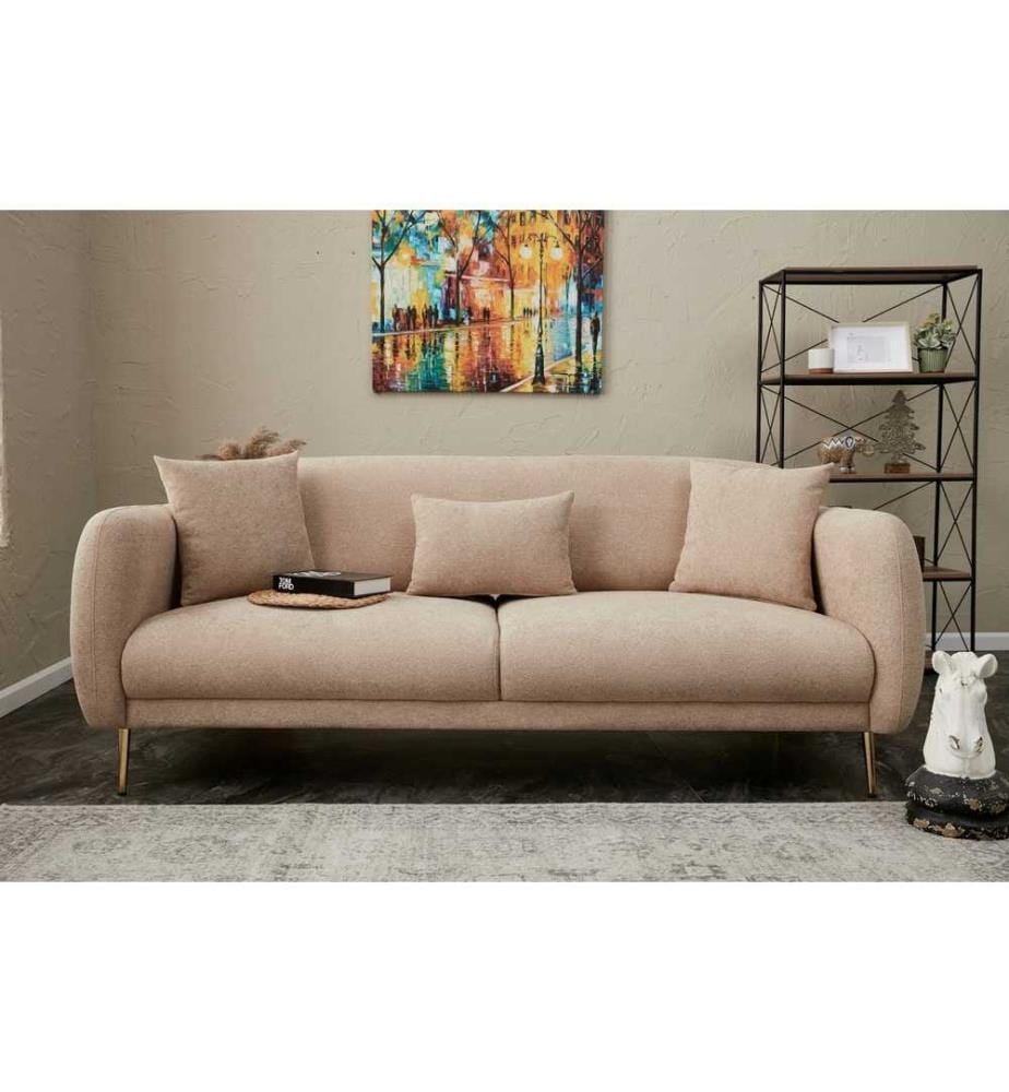 Canapé-lit 3 places, Beige Gold, structure en bois de hêtre, tissu polyester