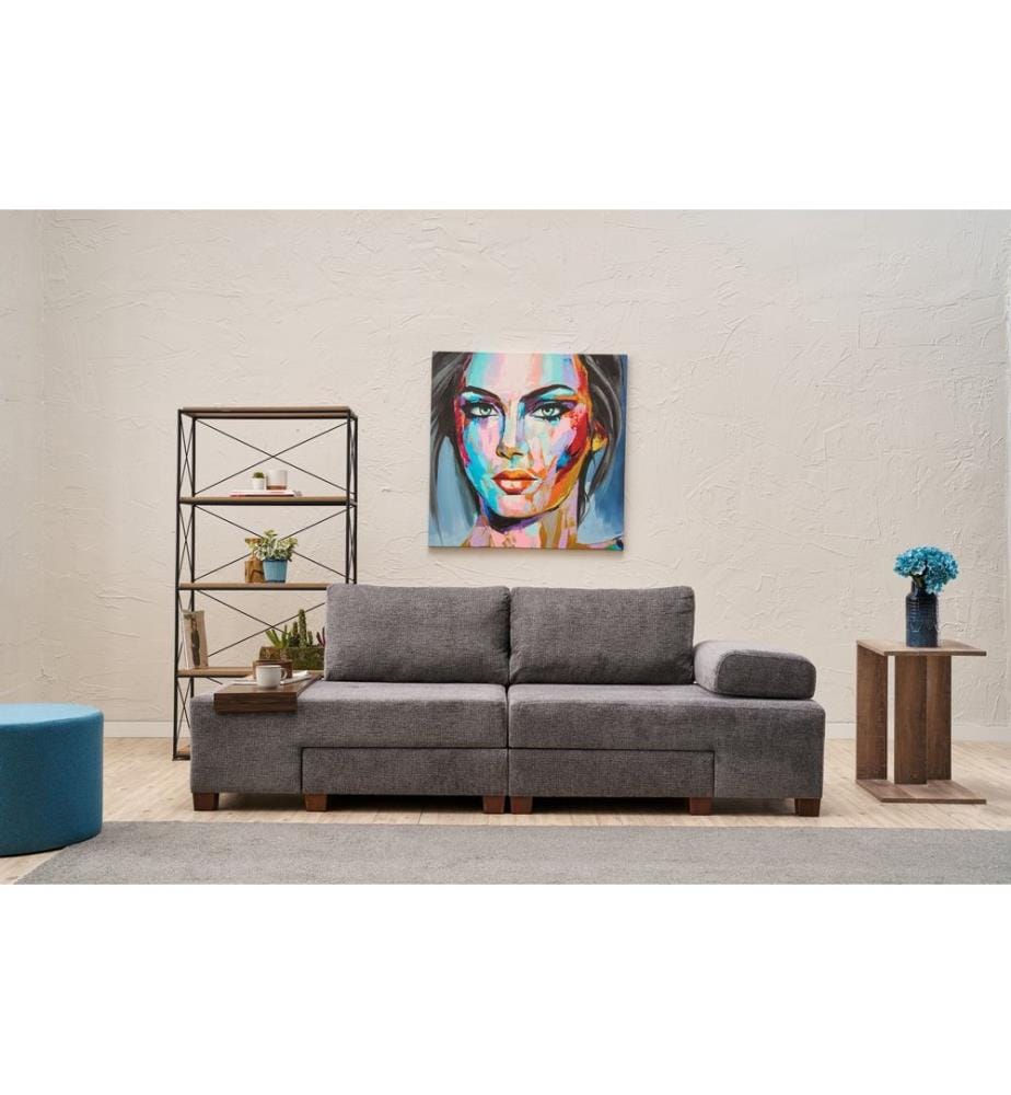 Canapé-lit 3 places, gris, structure : bois, tissu : 100 % chenille, pieds en plastique
