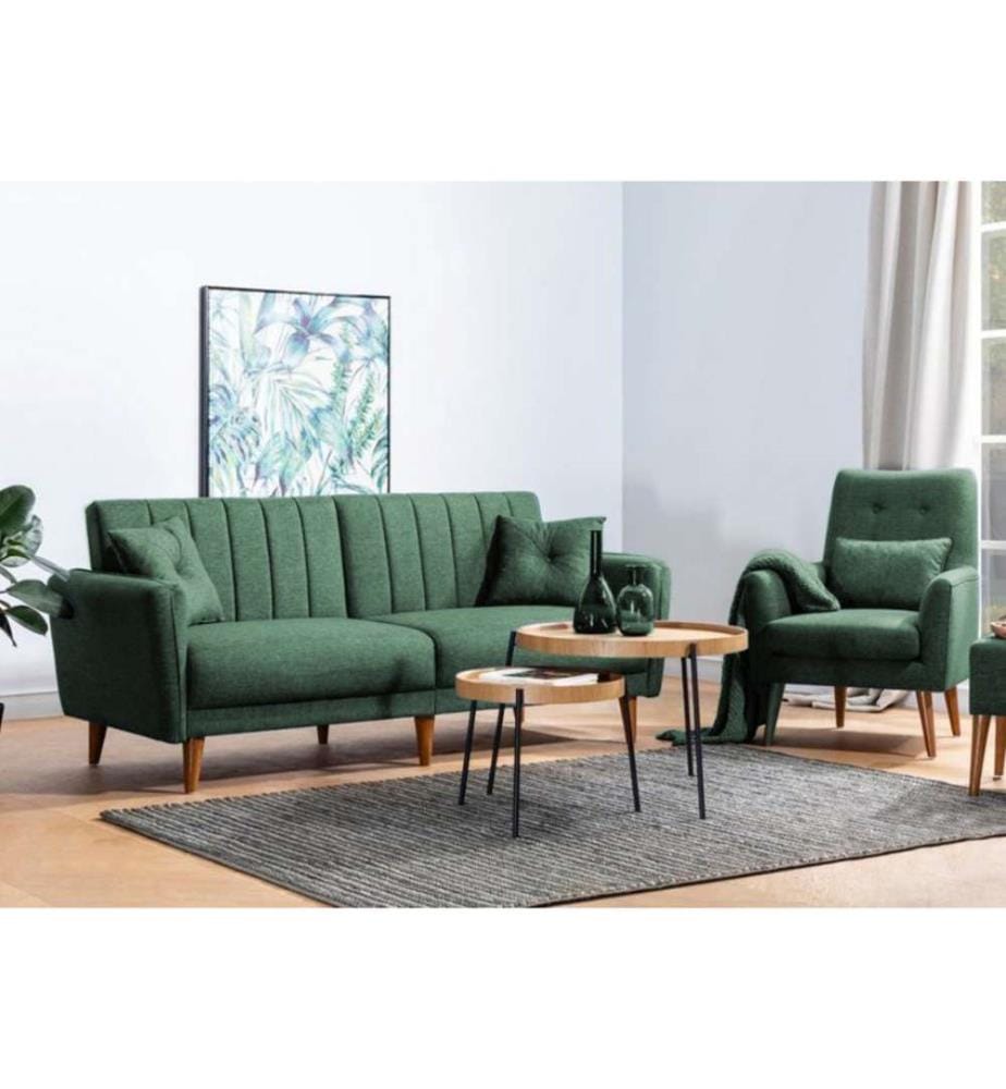 Ensemble canapé-lit, vert, cadre en bois de charme, tissu lin