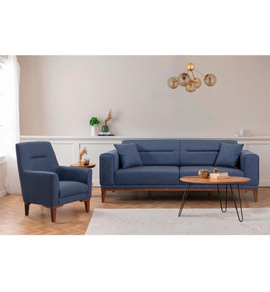Ensemble canapé-lit, bleu foncé, cadre en bois de charme, tissu polyester