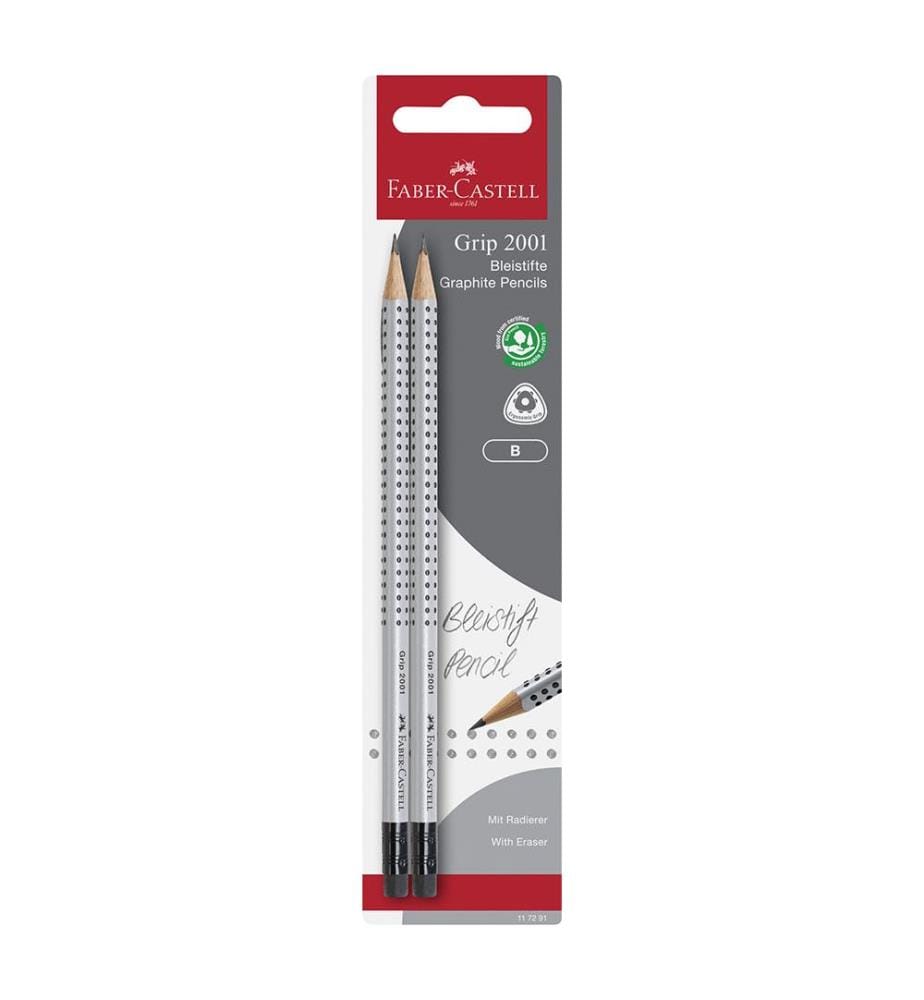 Crayon graphite Grip 2001 pointe caoutchouc - B - argent - 2 pces