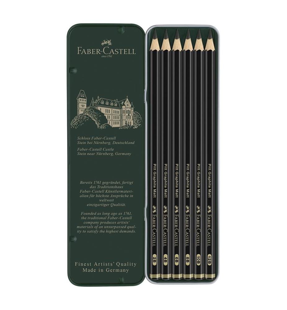 Crayon Graphite Pitt Graphite Matt, boîte métal de 6, 2B, 4B, 6B, 8B, 10B, 12B