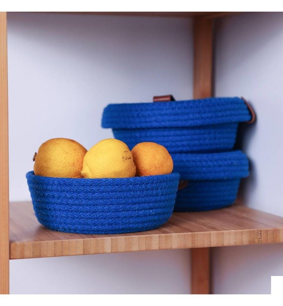 Panier en coton, 3 pièces, bleu, 100% coton corde de jute, fait à la main