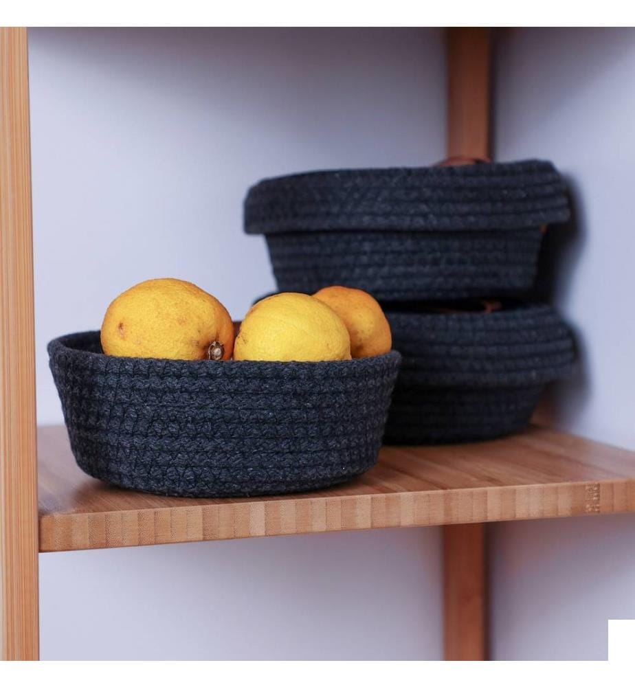 Panier en coton, 3 pièces, noir, 100% coton, corde de jute, fait à la main