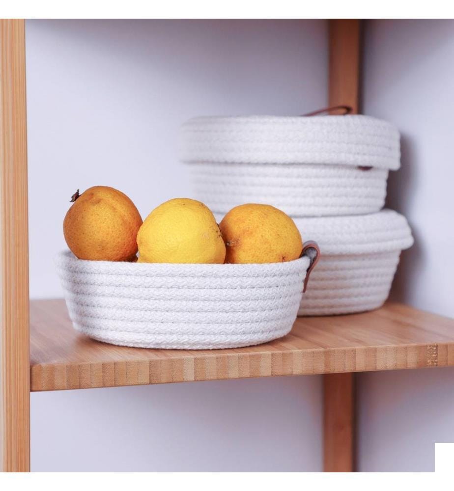 Panier en coton, 3 pièces, écru, 100% coton, corde de jute, fait main