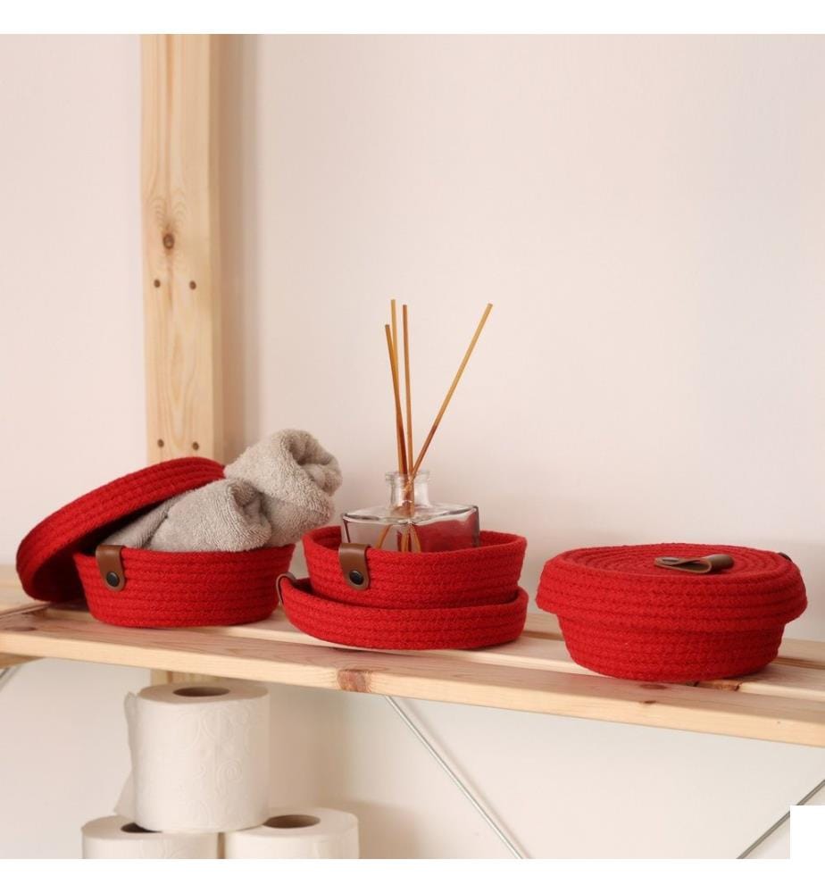Panier en coton, 3 pièces, rouge, 100% coton, corde de jute, fait à la main