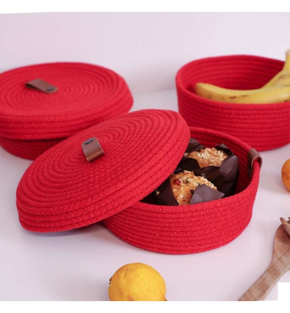 Panier en coton, 3 pièces, rouge, 100% coton, corde de jute, fait à la main